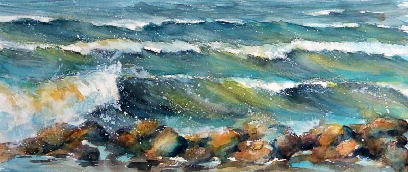 Bewegtes Meer in Aquarell